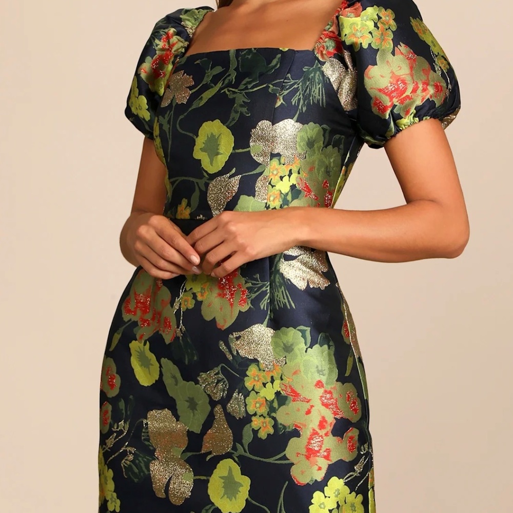 So Stunning Navy Blue Floral Jacquard Puff Sleeve Mini Dress